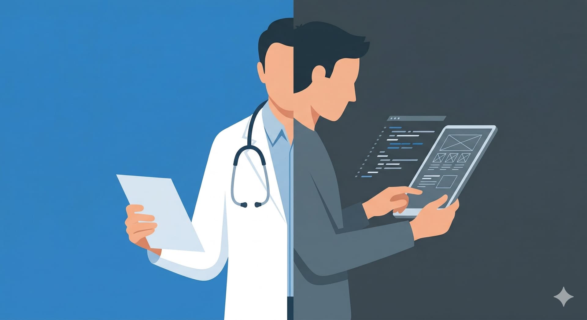 Illustration d'une double identité médecin-développeur, une figure divisée verticalement entre profil médical et profil technique.