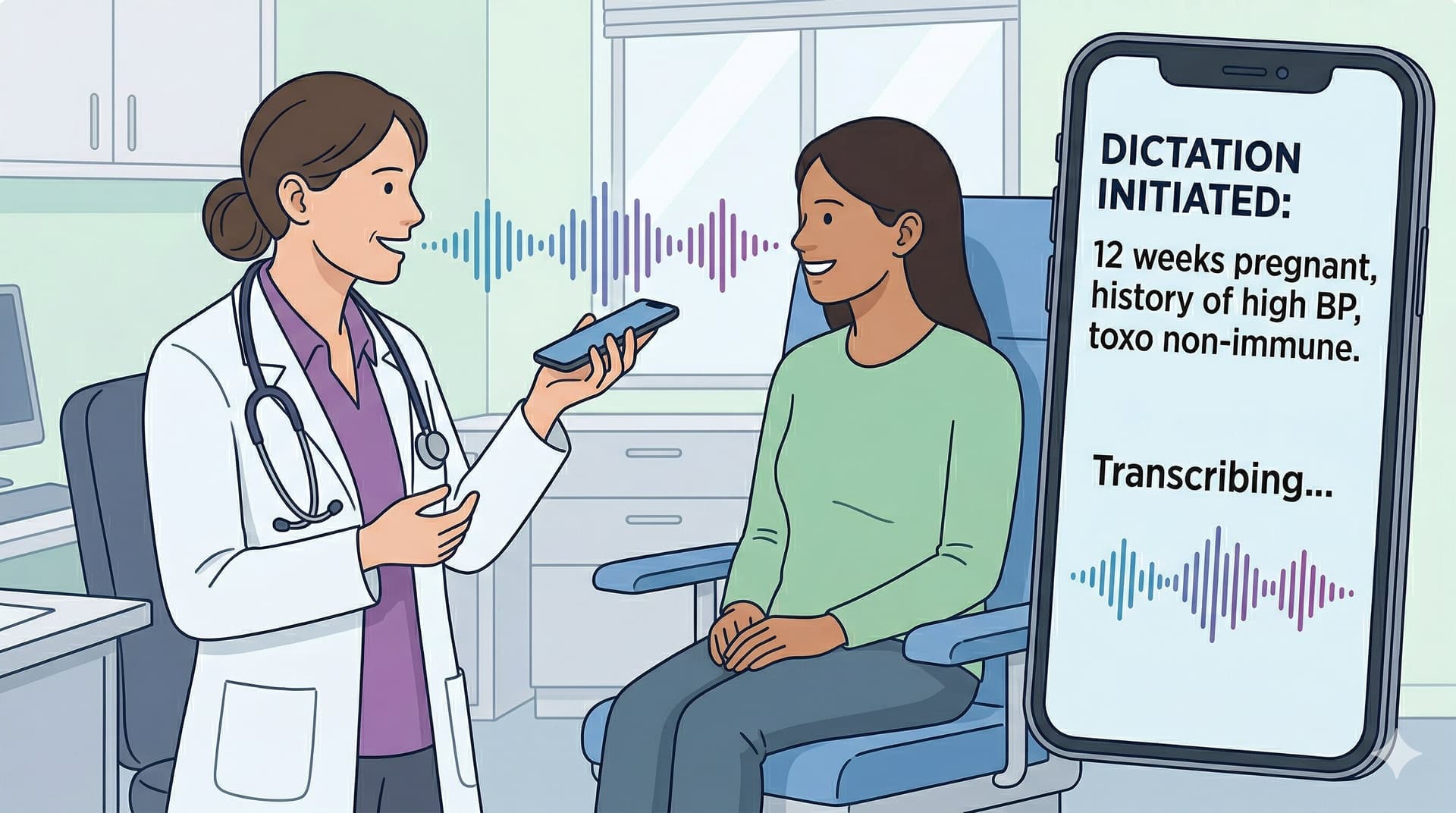 Médecin dictant une consultation sur smartphone, transcription IA visible à l'écran