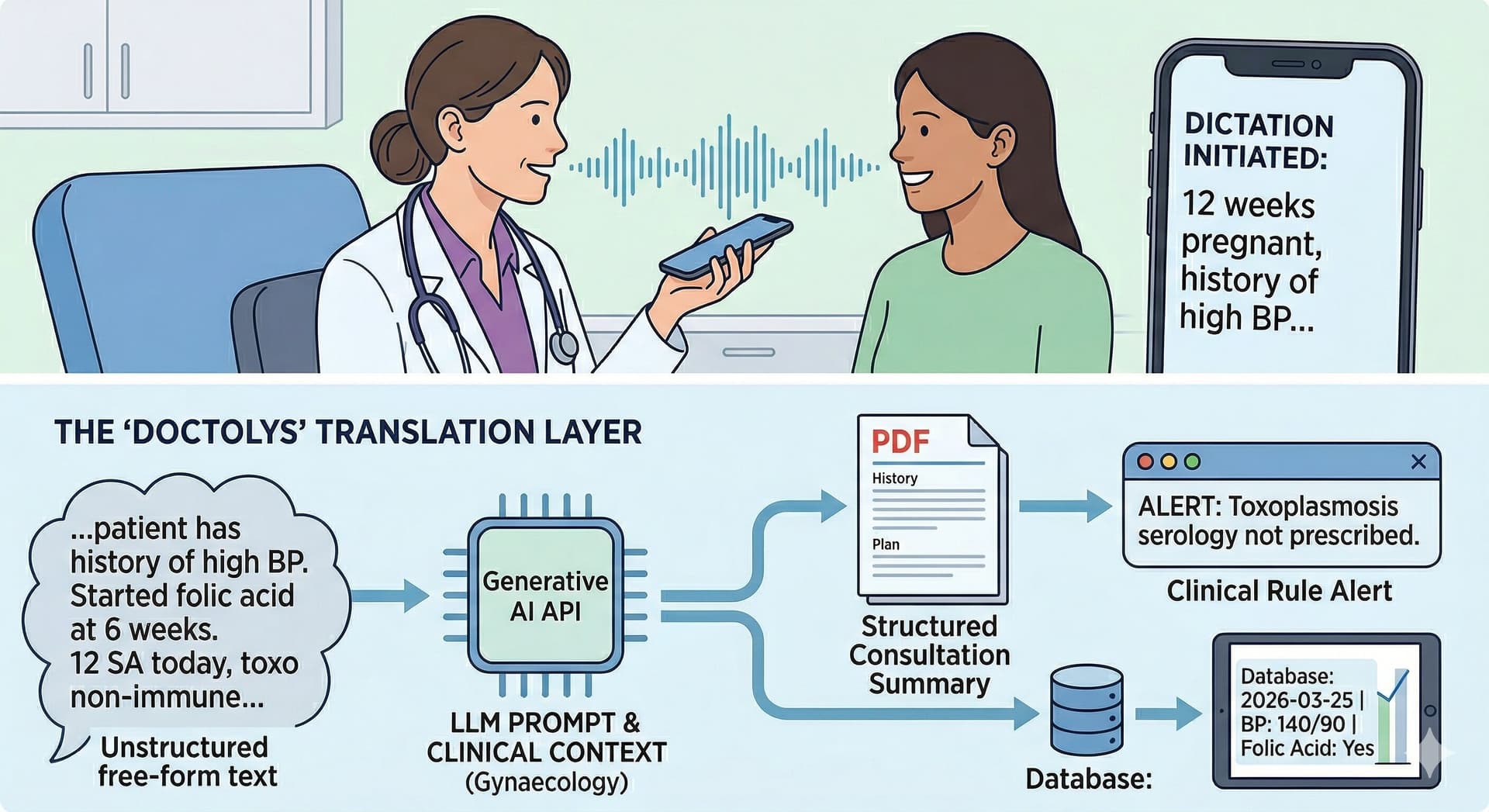 Schéma montrant le texte libre d'une consultation traité par LLM en résumé structuré et recommandations cliniques