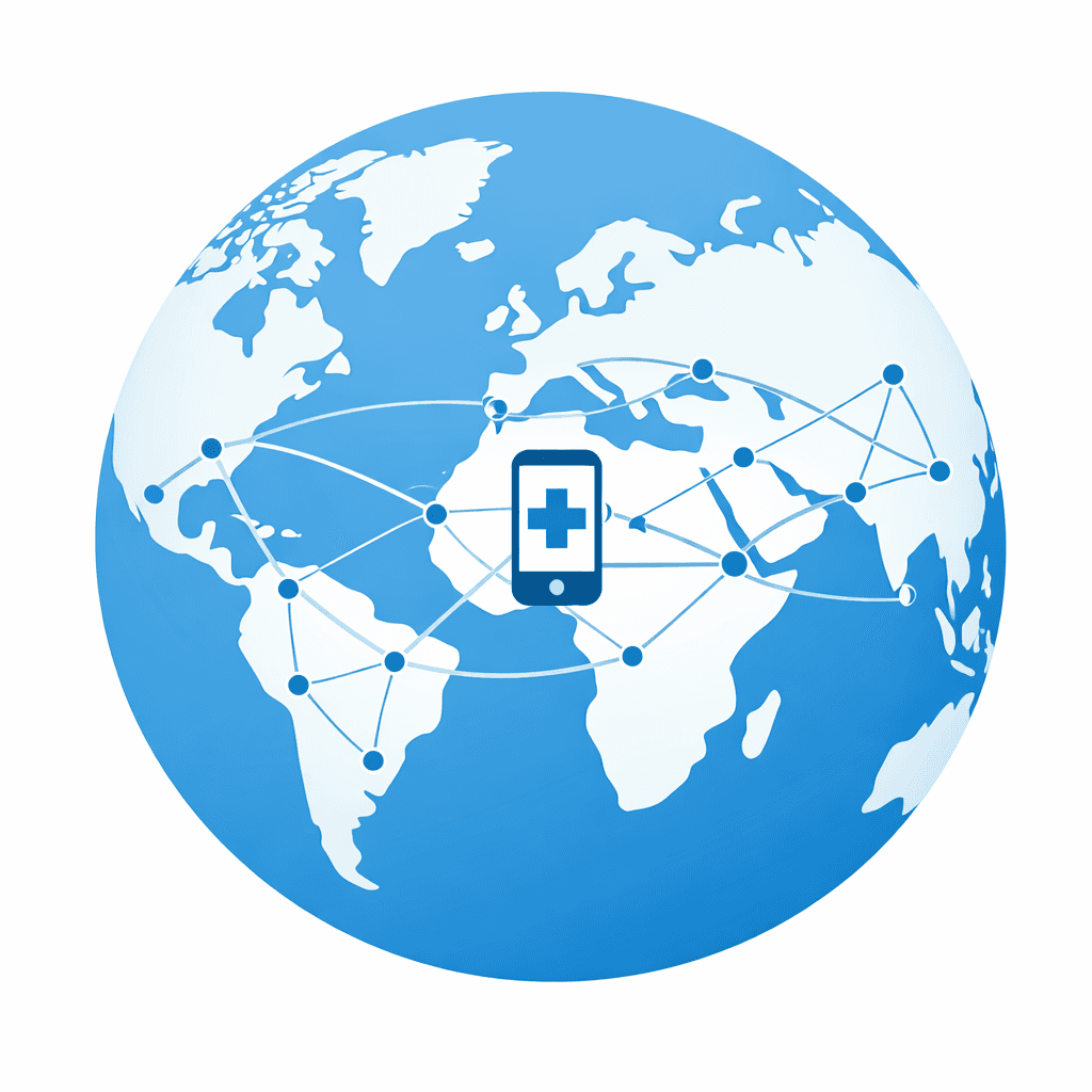 Globe with medical and technology icons connected across continents representing universal healthcare software